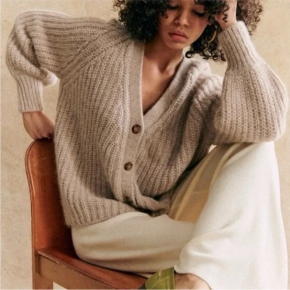 Sezane Basile Cardigan Sweater Beige Tan Oatmeal Alpaca Wool Blend Small - Picture 2 of 11